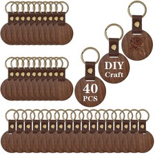 OGANAZI 40 Pieces Wooden Keychain Blanks, Round Engraving Blanks Key Chain with picture