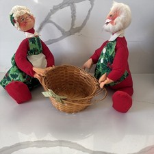 Vintage Annalee Christmas Santa & Mrs Claus Doll Wicker Basket Set 1963 Tags 12