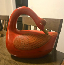 Vintage Chinese Red Lacquer Duck Swan Wooden Trinket Box Gold Gilt Accents 12