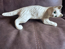 Camark Vintage White Porcelain Cat Figurine with Green Eyes Crawling/Stalking picture