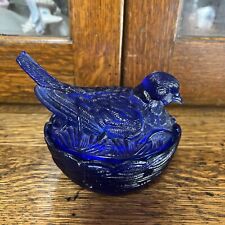 Hsinchu Glass Cobalt Blue Bird on Nest Dish Vintage MCM picture