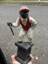 Vintage Cast Iron Hitching Post Horse Jockey Door Stopper  with Iron Loop  picture