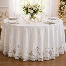 Vintage 120” Round White Cutwork Lace Embroidered Tablecloth Wedding Banquet picture
