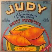 Antique 1930s Judy Sweet Potatoes Crate Label, Carencro, LA Louisiana picture