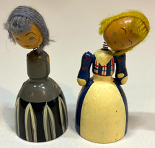 Vintage Hand Painted Wooden Bobblehead Dolls Yarn Hair Spring Nodders Pair picture