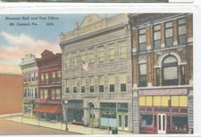 PA Mt Carmel - Masonic Hall and Post Office - linen postcard picture