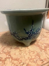 Vintage Japanese Seto ware celadon porcelain planter with plum blossoms. picture