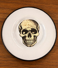 Glass Gothic Skull Plate, White/Black Round Glossy Finish, Halloween picture