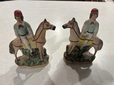 Antique Staffordshire Fred Archer Jockey Horse Figurines Pair Victorian 1880s picture