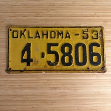 Vintage 1953 OKLAHOMA License Plate 4 - 5806 Yellow & Black picture