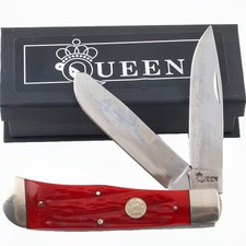 Queen Cutlery Big Boy Trapper Folding Knife Red Jigged Bone 1065 Carbon Steel picture