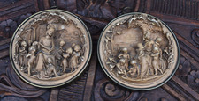 PAIR antique pipe clay relief medaillons plaques relief christ mary scenes picture