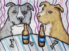 AMERICAN PIT BULL TERRIER at the Pub Folk Art Print 5 x 7 Signed by Artist KSams picture
