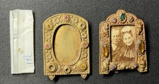 Antique Czech Jeweled Miniature Picture Frame Gold Tone Glass Gemstones Lot picture