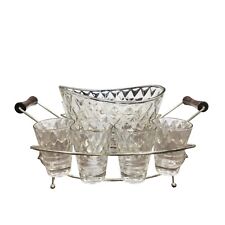 Jeannette Glass MCM Set Clear Ice Bucket 8 Glasses Gold Wire Holder Diamond VTG picture