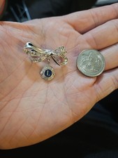 VTG LEAVENS Lions Club Silvertone Rhinestone Bow Brooch Pin picture
