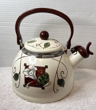 Vtg/1990s Pfaltzgraff Whistling Enamel Tea Kettle Mission Flower/Cottage Core picture