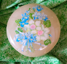 Vintage Italian Alabaster Round Trinket Jewelry Box, Floral Lid, Italy picture
