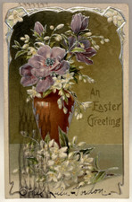 1911 An Easter Greeting, Purple Flowers in Vase, Silver Vintage Postcard picture