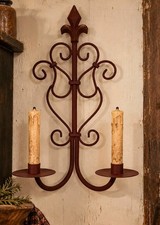 Primitive Red Metal Double Candle Wall Sconce Fleur de Lis Scrollwork picture