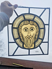 Vintage Stained glass panel christ portrait religious picture
