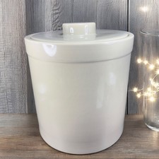 West Elm Tan Stoneware Pottery Heavy Large Canister Container Crock With Lid VTG picture