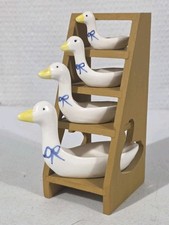 VTG Ceramic Goose Measuring Spoon Set of 4 Wooden Display Rack Kitchen Decor picture