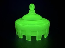 Vintage Taussaunt Uranium Green Satin Court Jester Powder Jar 1930s Stunning picture