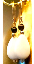 14K SOLID Gold Dangle Natural White Agate Obsidian & Gold Bead Teardrop Earrings picture