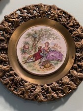 Vtg Three Limoges Plaque Ornate Brass Frame Fragonard Romantic Scene.D 10,5