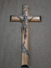 Vintage 15” Catholic Crucifix Wood Cross Metal Jesus INRI Floral Wall Cross picture