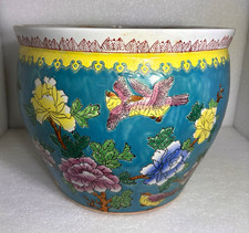 Large Blue Ceramic Vase Floral & Bird Design Round 14