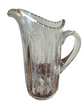 Vintage Clear Cut-Glass Pitcher with Etched Floral Bursts Scalloped or Spout Rim picture