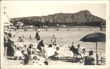 Honolulu HI Beach Scene Azo c1920s-30s Real Photo Vintage Postcard bhn picture