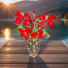 Vintage Czech Glass Flowers UV Reactive Red Bouquet In Mini Lenox Crystal Vase picture