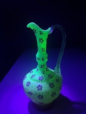 Victorian Peach Colored Satin Glass Ewer w/ Enameled Floral Decoration - Read picture