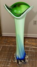 Beautiful Art Glass Cased Vase Calla Lily Hand Blown 12” Tall Green Blue picture