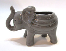 Vintage 2000's Gray Porcelain Pottery Trunk Up Lucky Elephant Planter 3x5x7 Vase picture
