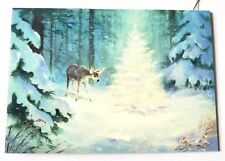 Vtg Christmas Card Deer in Forest Snowy Winter Scene Glowing Lighted Tree picture