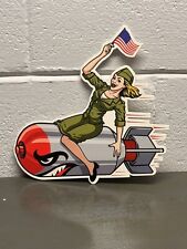 American Patriotic Atomic Bomb Girl Thick Metal Sign Pin Up Gas Oil Helicopter picture