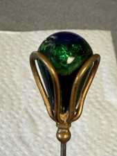 Antique Victorian Peacock Eye Glass Hatpin Blue Green Gold Tone 9 inch picture