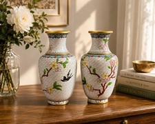 2 VTG Chinese Cloisonné Vases Cherry Blossom Bird 7.25 Inches Tall picture