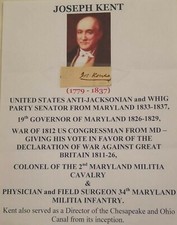 1832 Signed Cut Joseph Kent 2nd Maryland Calvary Surgeon War 1812 MD Gov 1826 picture