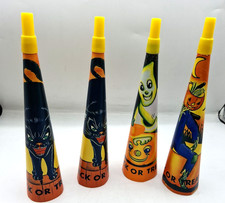 Vintage 4 Halloween Party Horns Noisemakers Trick or Treat Cat Ghost Scarecrow picture