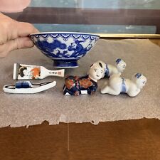 5 Pc Oriental Porcelain Chop Stick Rests China & Japan And Rice Bowl Signed picture