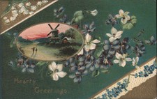 Hearty Greetings Windmill Landscape with Blue White Flowers Antique Postcard picture
