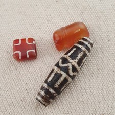 Antique Burmese Pumtek Pyu & Carnelian Beads Lot Of 3 picture