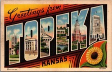 Greetings from Topeka Kansas Linen Postcard - State Capitol Sunflower 1937 picture