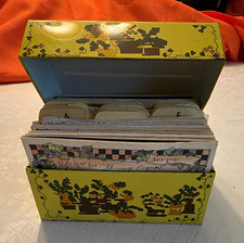 Vintage Yellow Metal Lidded Recipe Card Box, Floral, Green/Black, Kitchen picture
