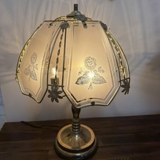 Large Vtg 6 Etched Panel Glass Lamp Gold Brass Tone Base 3 Candle Bulbs Read picture